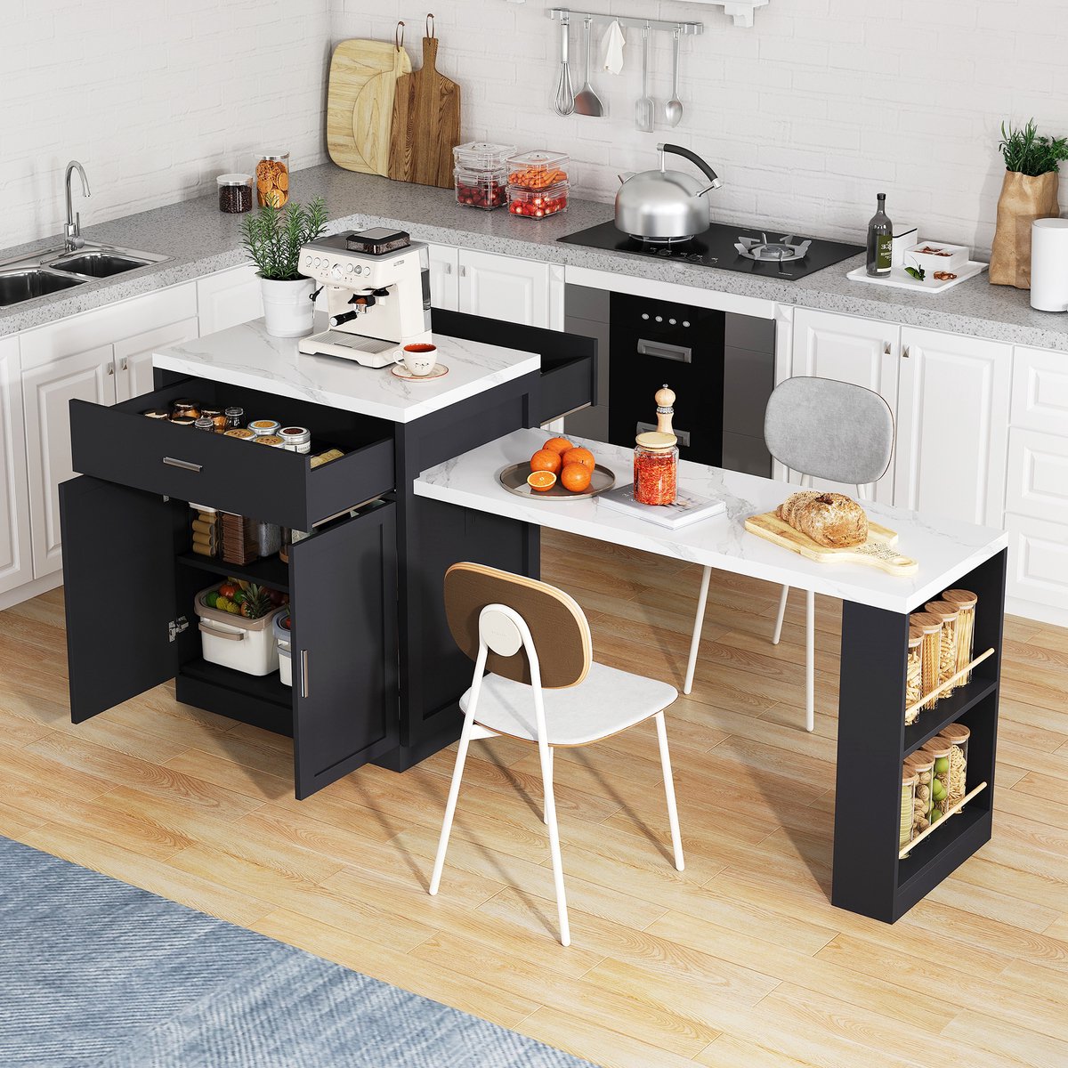 Keukentrolley - met mobiel ontwerp en uitschuifbaar werkblad en opbergruimte - zwart - afmetingen 211 x 55 x 89,5 cm - voor een praktische keuken