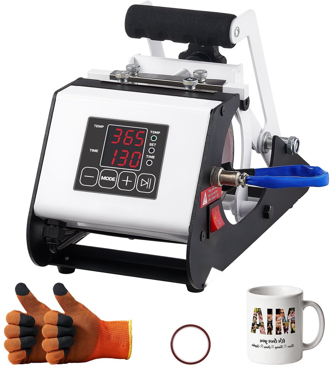 Mokkenpers - Bekerbedrukkingsmachine voor Sublimatie - Geschikt voor 444 ml - Instelbare Temperatuur en Tijd - Inclusief Plakband en Handschoenen - Wit