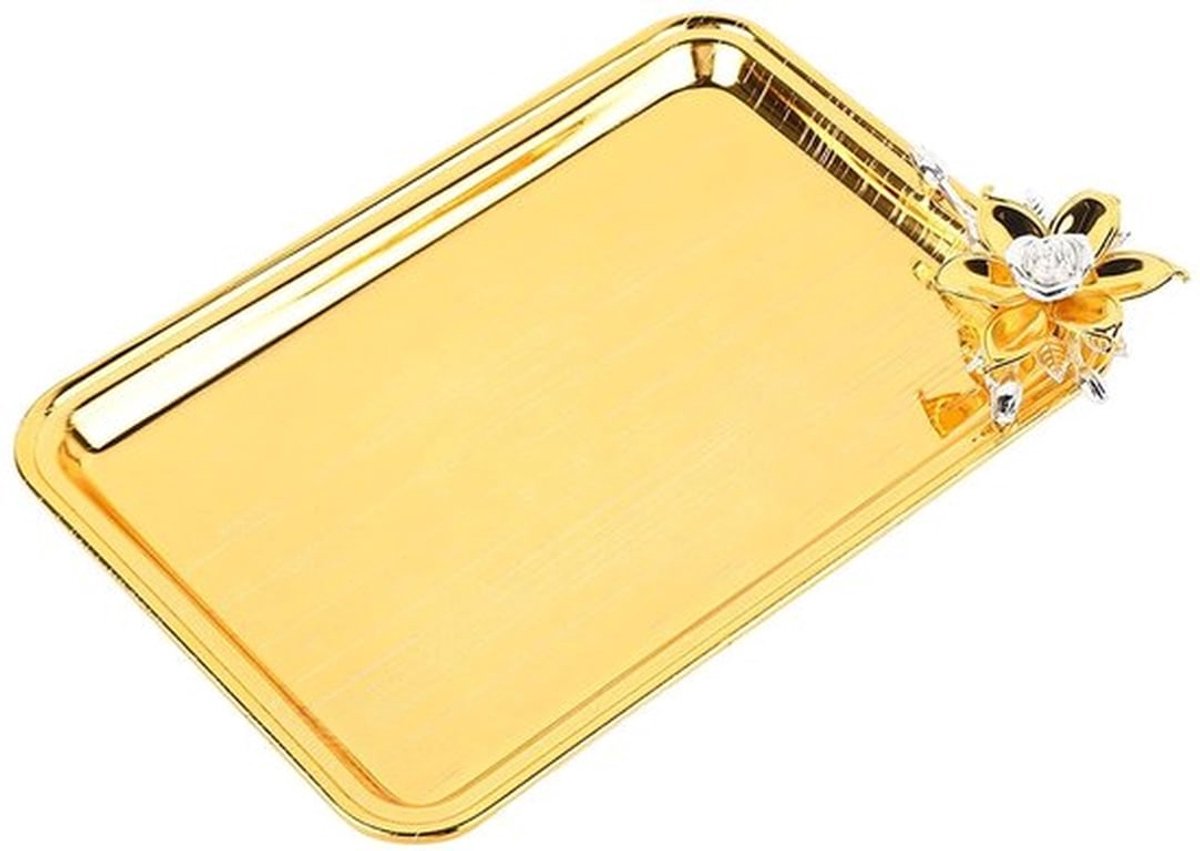 Luxe Tafeldienblad, Rechthoekig Goud Decoratief Metalen Dienblad met Bloemmotief voor Hotel, KTV, Snacks (S)