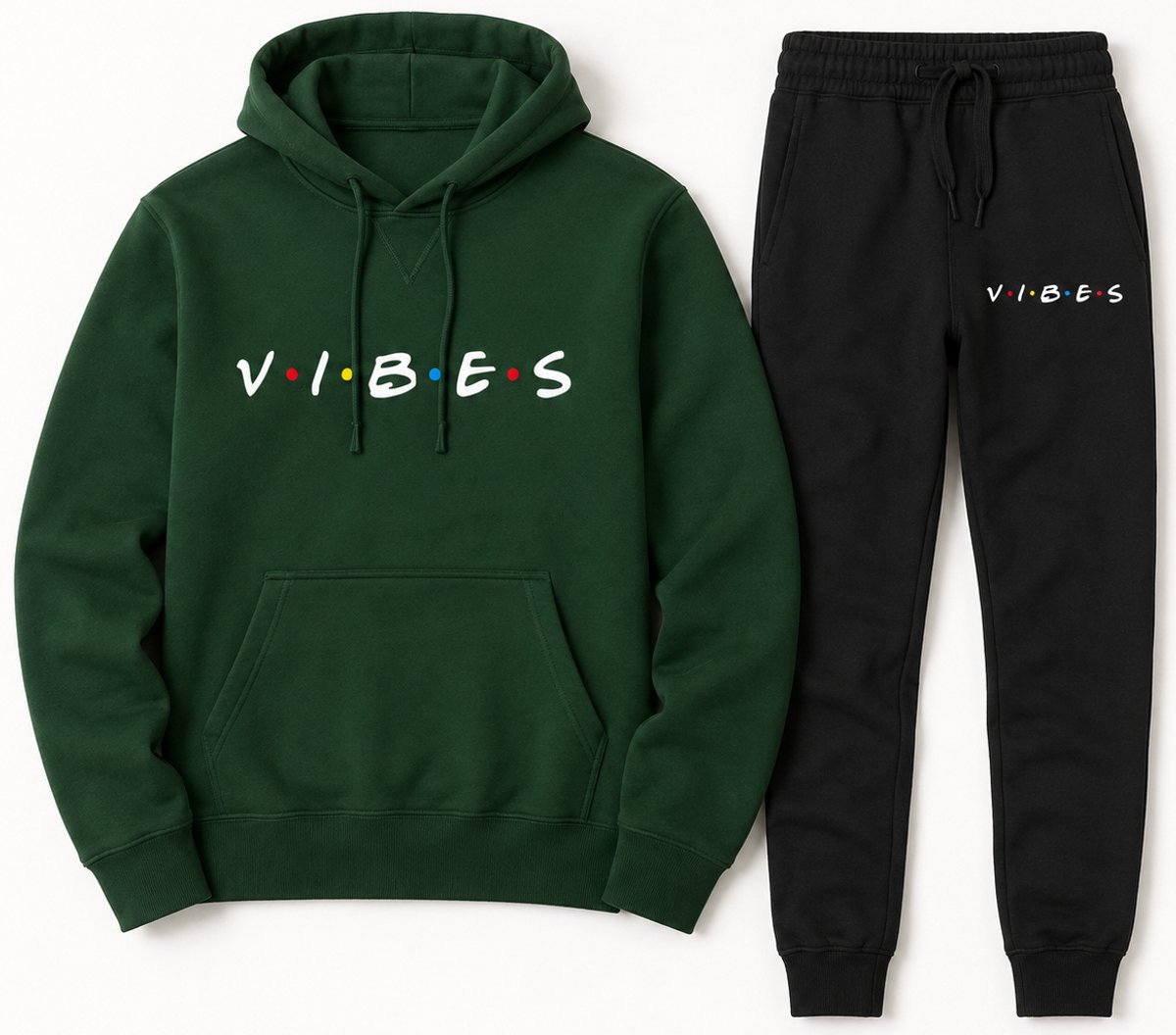 Trainingspak Heren - Joggingpak met Hoodie en Sportbroek - Katoen - Vibes print - Groen - 4XL