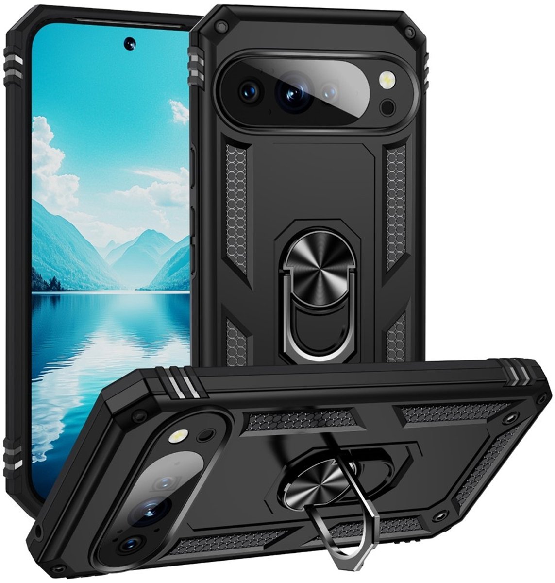 Coverup Hoesje - Geschikt voor Google Pixel 11 Hoesje - Coverup Armor Ring Kickstand Back Cover - Zwart
