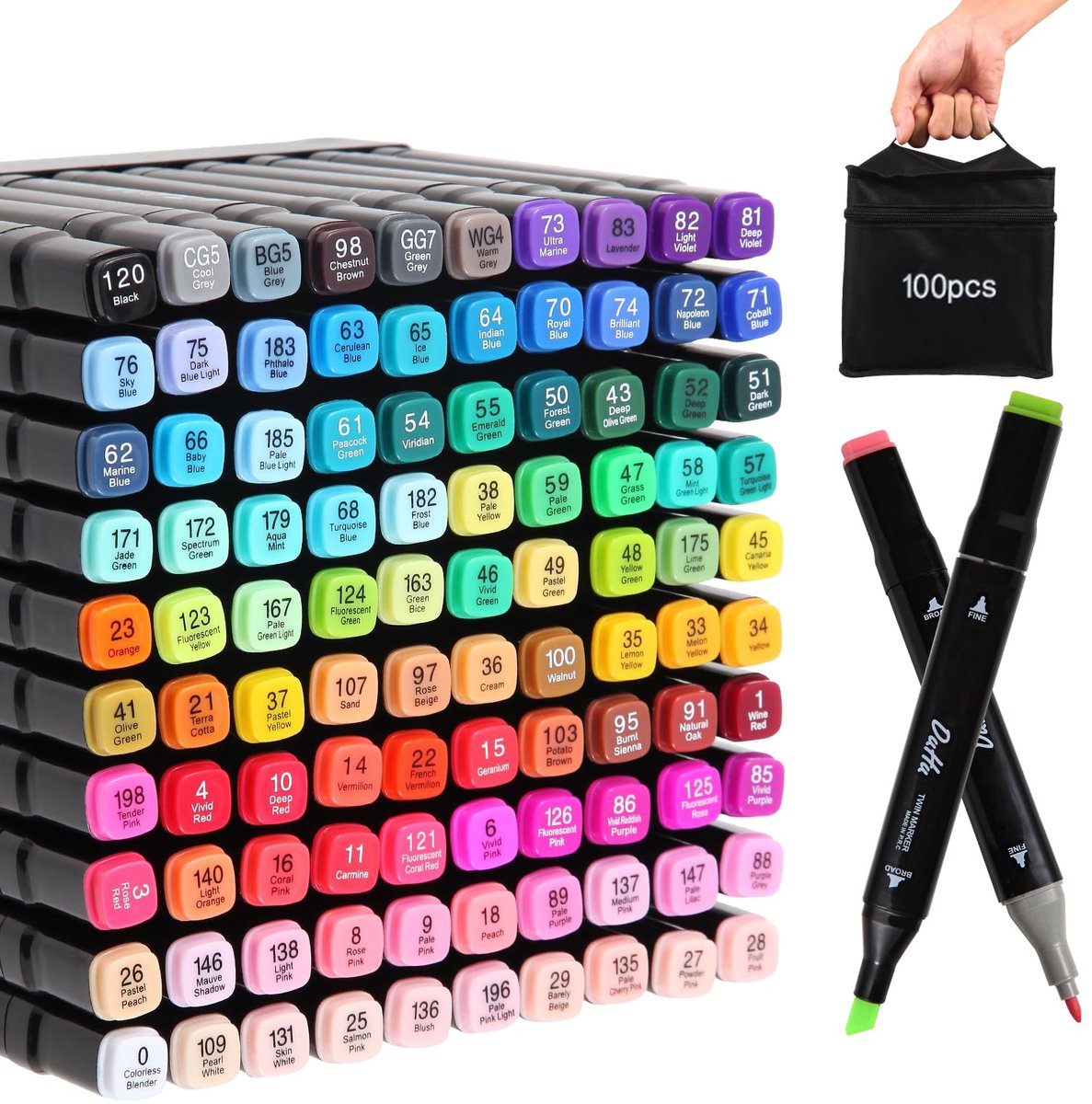 Alcoholmarkers 100 Kleuren – Dubbele Punt Fine & Chisel – Sneldrogend – Mengbaar – Inclusief Opbergtas