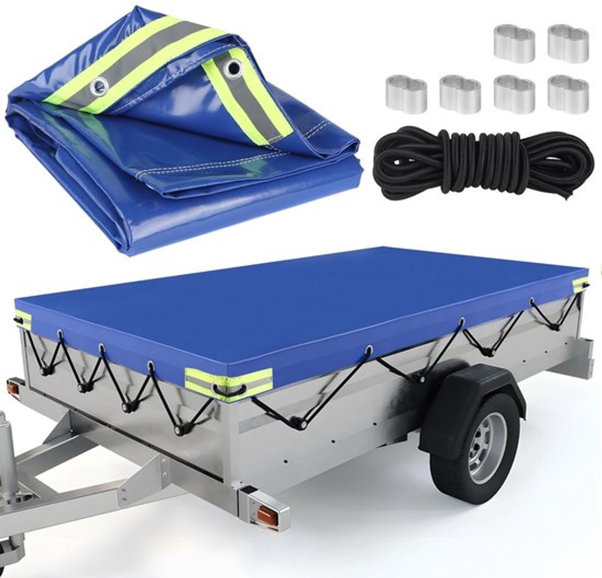 Afdekzeil Waterdicht - Aanhangwagenzeil 140 x 115 cm - Versterkte Randen - 8 m Bungeetouw - Scheurvast - Draaglast 350/750 kg - Aanhangerzeil