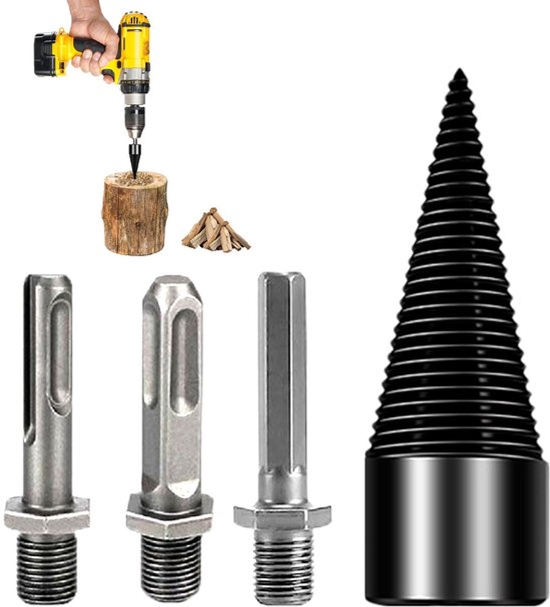 Houtsplitser - Houtsplitting - Krachtige carbonstalen boor - 32 mm - Splitter voor haardhout - Geschikt voor houtbewerking - Model met 3...