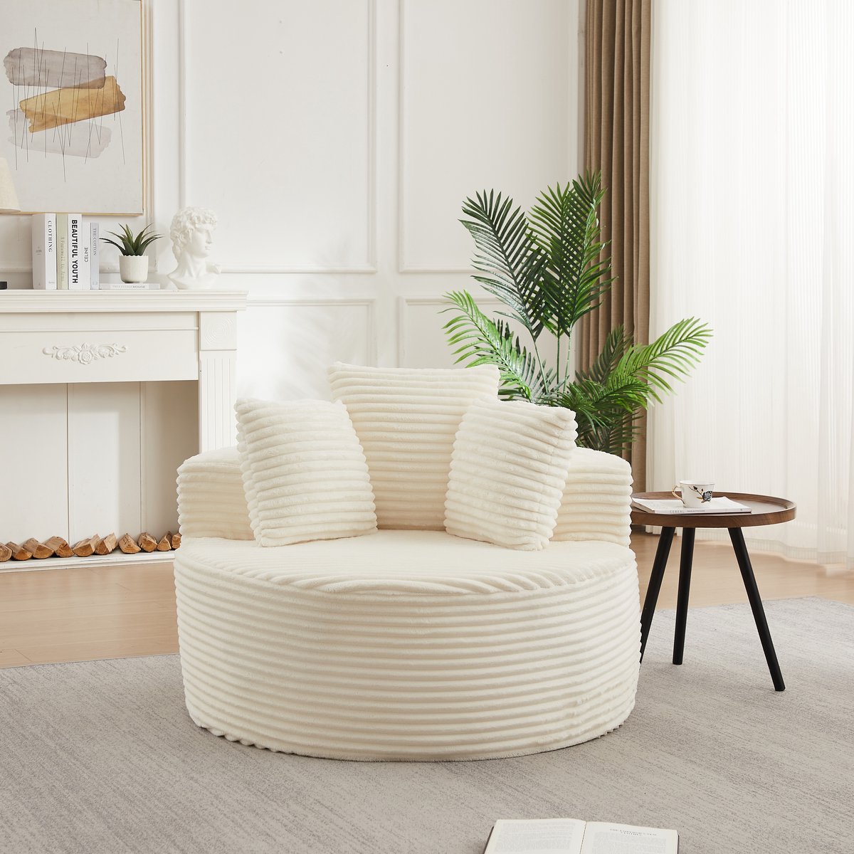 MODFU - Fauteuil - Rond - Corduroy - Beige - 110 Cm - 3 Kussens - Armleuningen