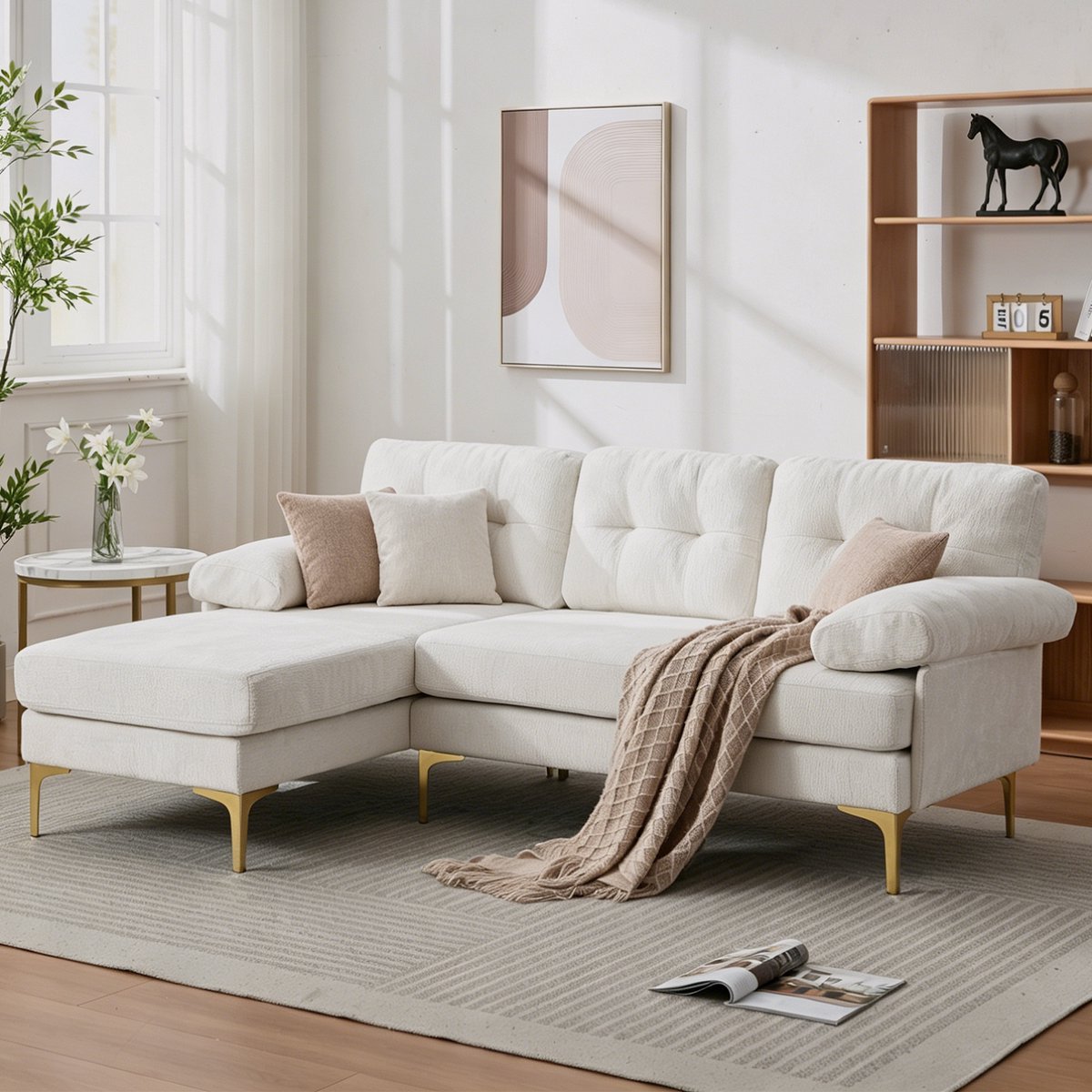 MODFU - Hoekbank - Omkeerbare Chaise Longue - Beige - Chenille - Metalen Poten