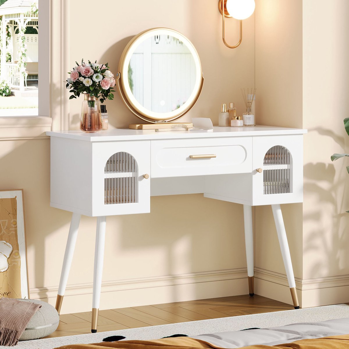 Sweiko Kaptafel - Inclusief LED-spiegel - lade + 2 deuren - 100 × 42 × 112 cm - Wit