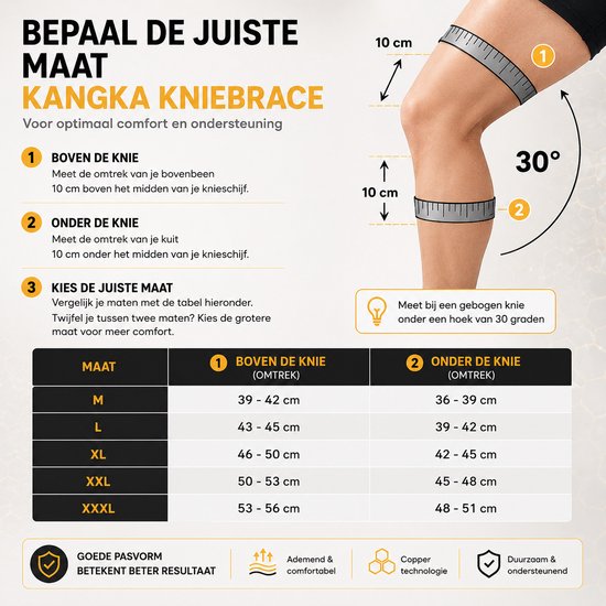 Instructies voor het opmeten van de KANGKA kniebrace met grafieken voor boven- en onderbeenmaten. Bevat een tabel met maten M t/m XXXL.
