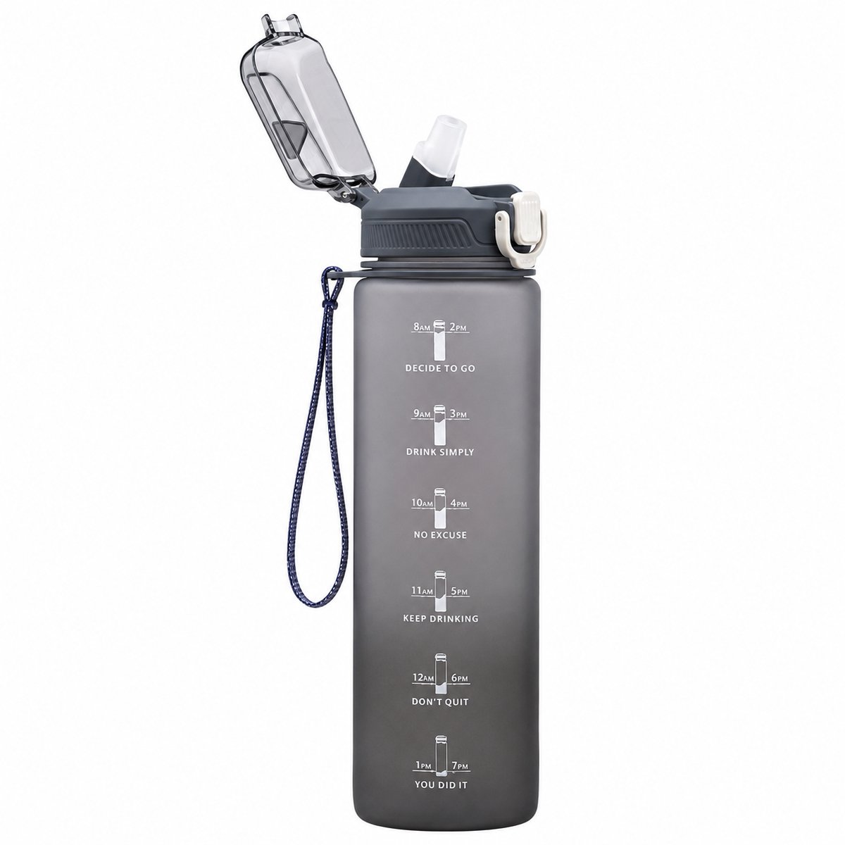 VHV - Drinkfles 1 Liter - Reisbeker met Rietje Motiverende Waterfles met Tijdmarkering - Lekvrije Sport - BPA-Vrij - Voor School, Kantoor en Sportschool -Zwart-witverloop