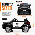 Afmetingen politieauto: voorzijde 68 cm breed, zijkant 110 cm lang en 52 cm hoog. Zwart met witte deuren en 'POLICE' logo.