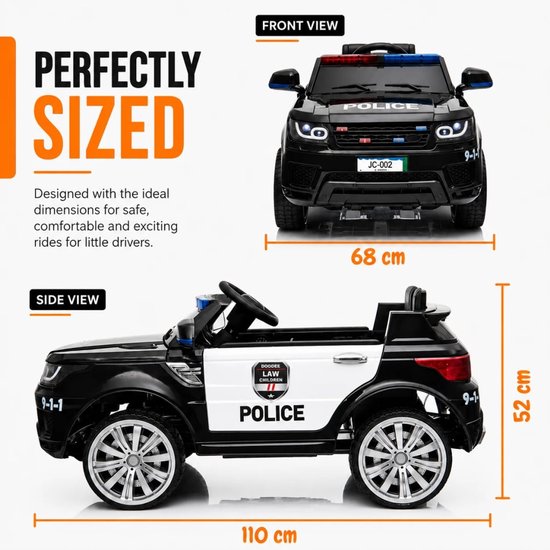 Afmetingen politieauto: voorzijde 68 cm breed, zijkant 110 cm lang en 52 cm hoog. Zwart met witte deuren en 'POLICE' logo.