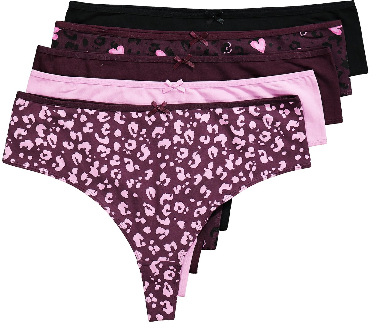Ulla Popken - Dames - Strings set van 5 motief / effen - Donkerpruim - Maat 50+