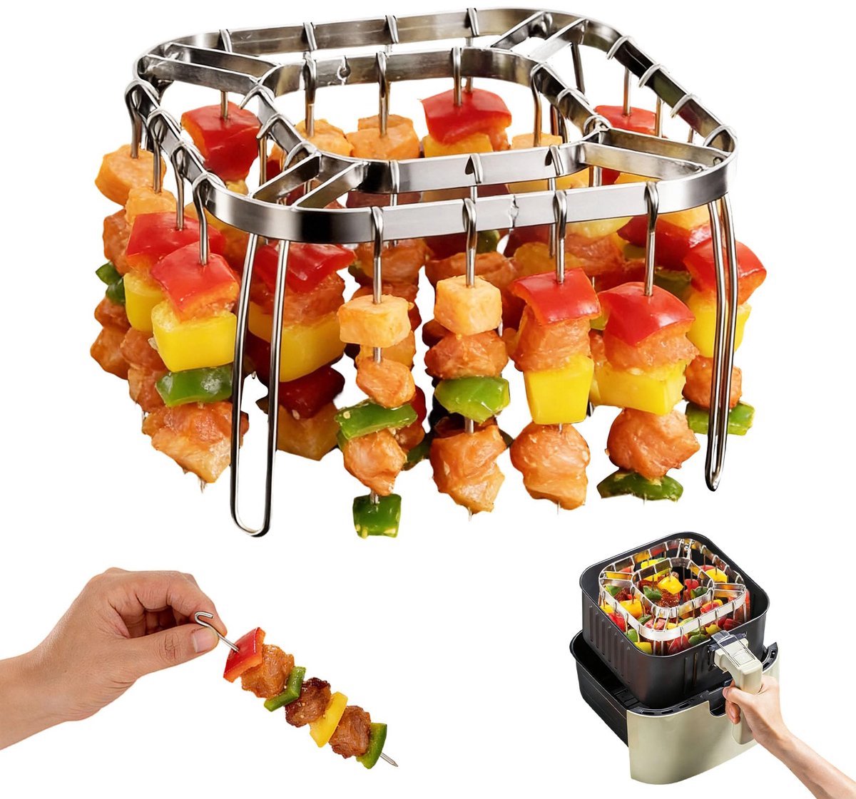 Verticale BBQ-grill - Spiesrek - Inclusief 28 roestvrijstalen spiesjes - Verticaal inklapbaar - 304 roestvrijstalen airfryergrill - 15,5 x 15,5 x 10 cm