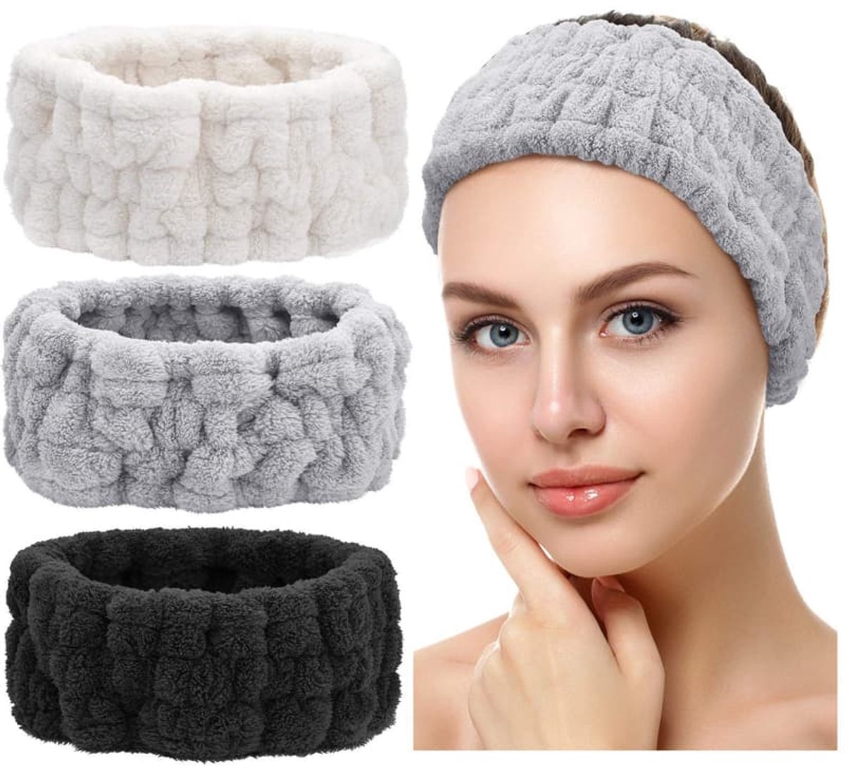 Driedelige set: gezichtsmake-up hoofdband, zachte gezichtsdoek, SPA doucheset (zwart, wit, lichtgrijs)
