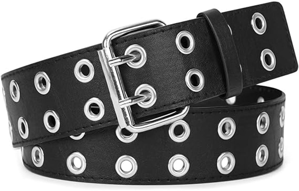 MODFU Riem – Broekriem 110 cm – Dubbele lus met studs – PU-leer – Zwart – Casual riem voor dames en heren met gesp