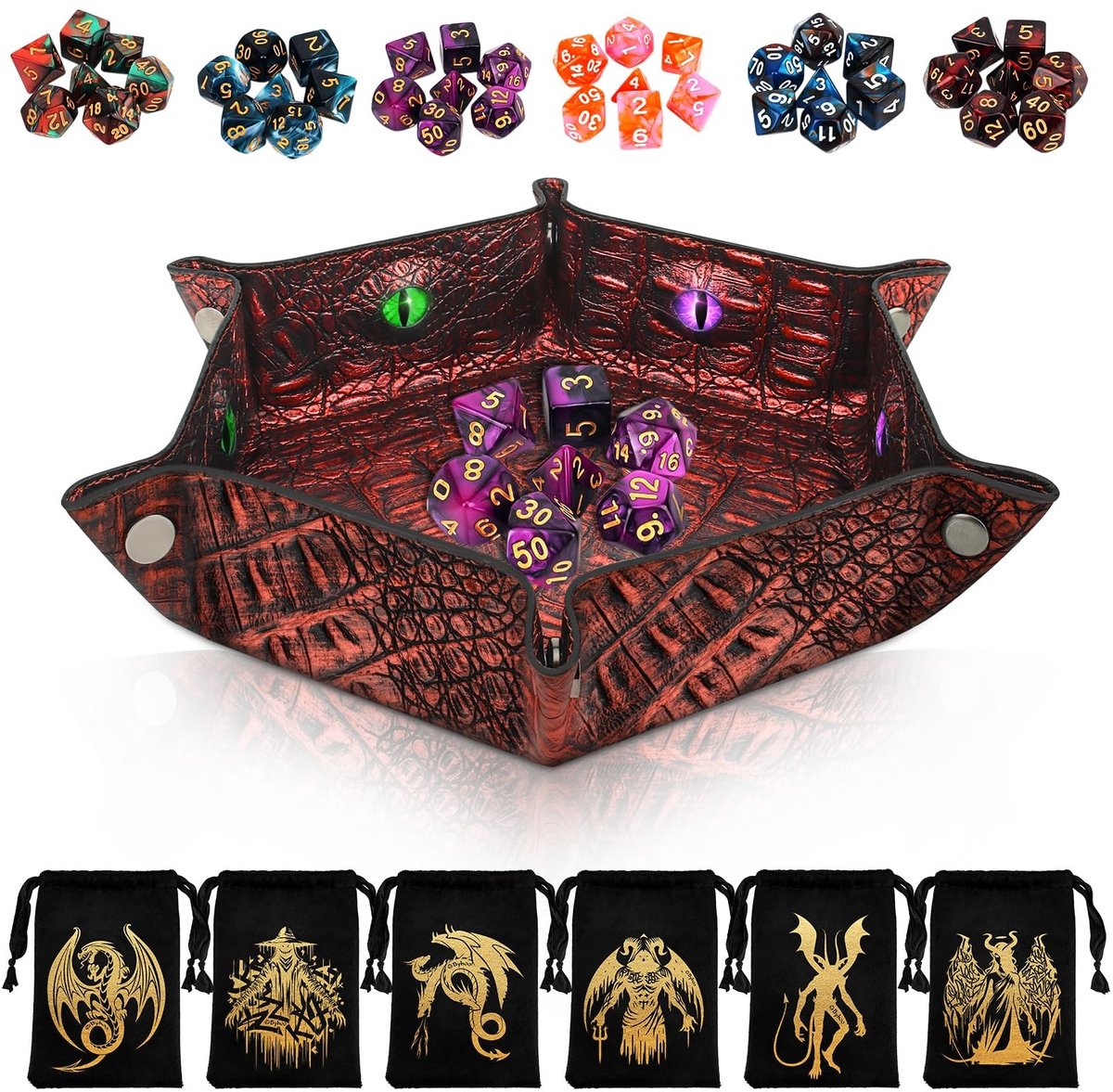 Solidchoice - Set van 7 Groene Polyhedral Dobbelstenen met Draak-Oog