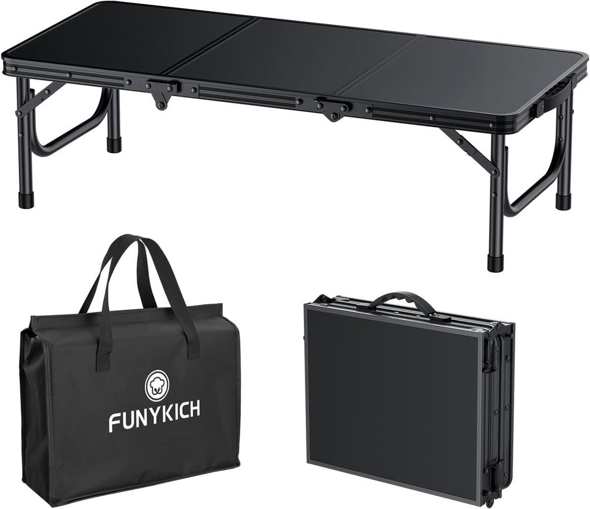 3ft Opvouwbare Picknicktafel met Dikke Aluminium Poten, Lichtgewicht Campingtafel met Handvat en Draagtas, Ideaal voor Strand, Kamperen en Feesten, Zwart