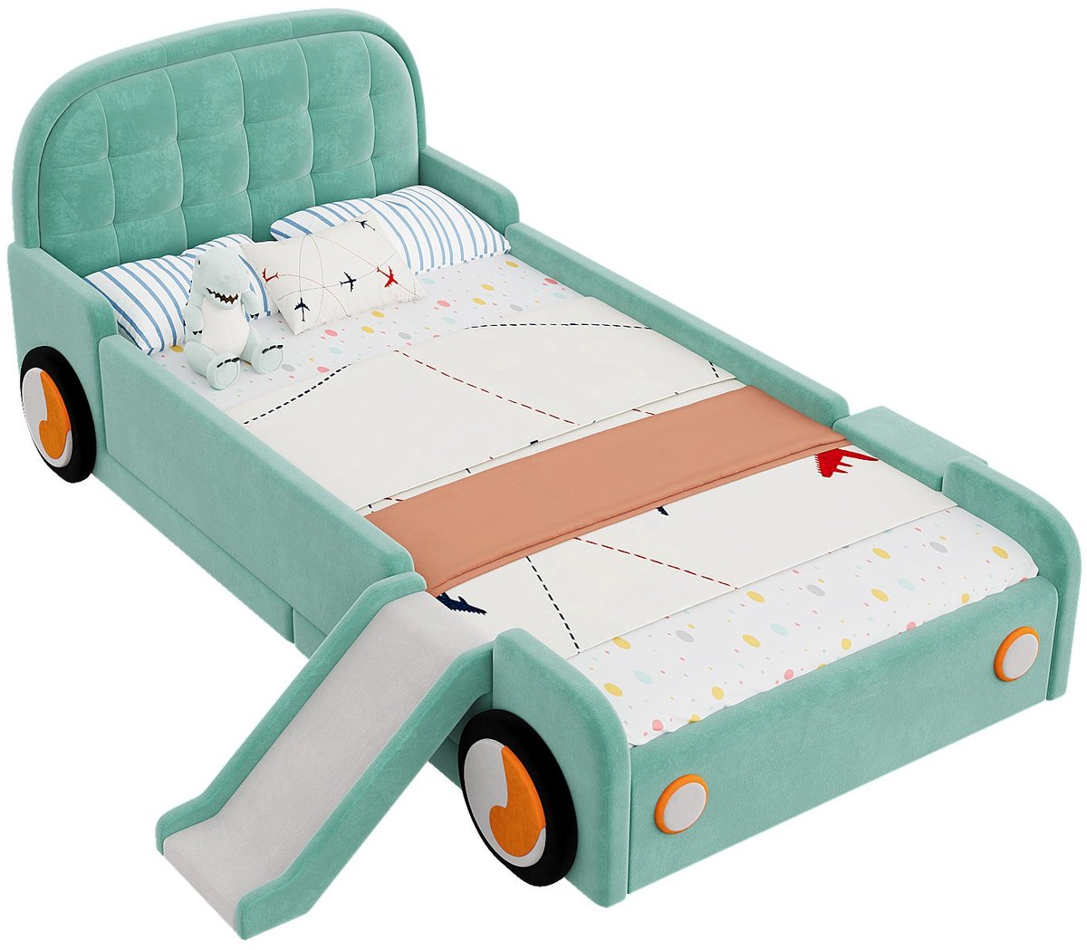 Merax Kinderbed 90x200 cm - Autobed Met Glijbaan En Trap - Fluweel - Veiligheidshek - Houten Lattenbodem - Blauwgroen
