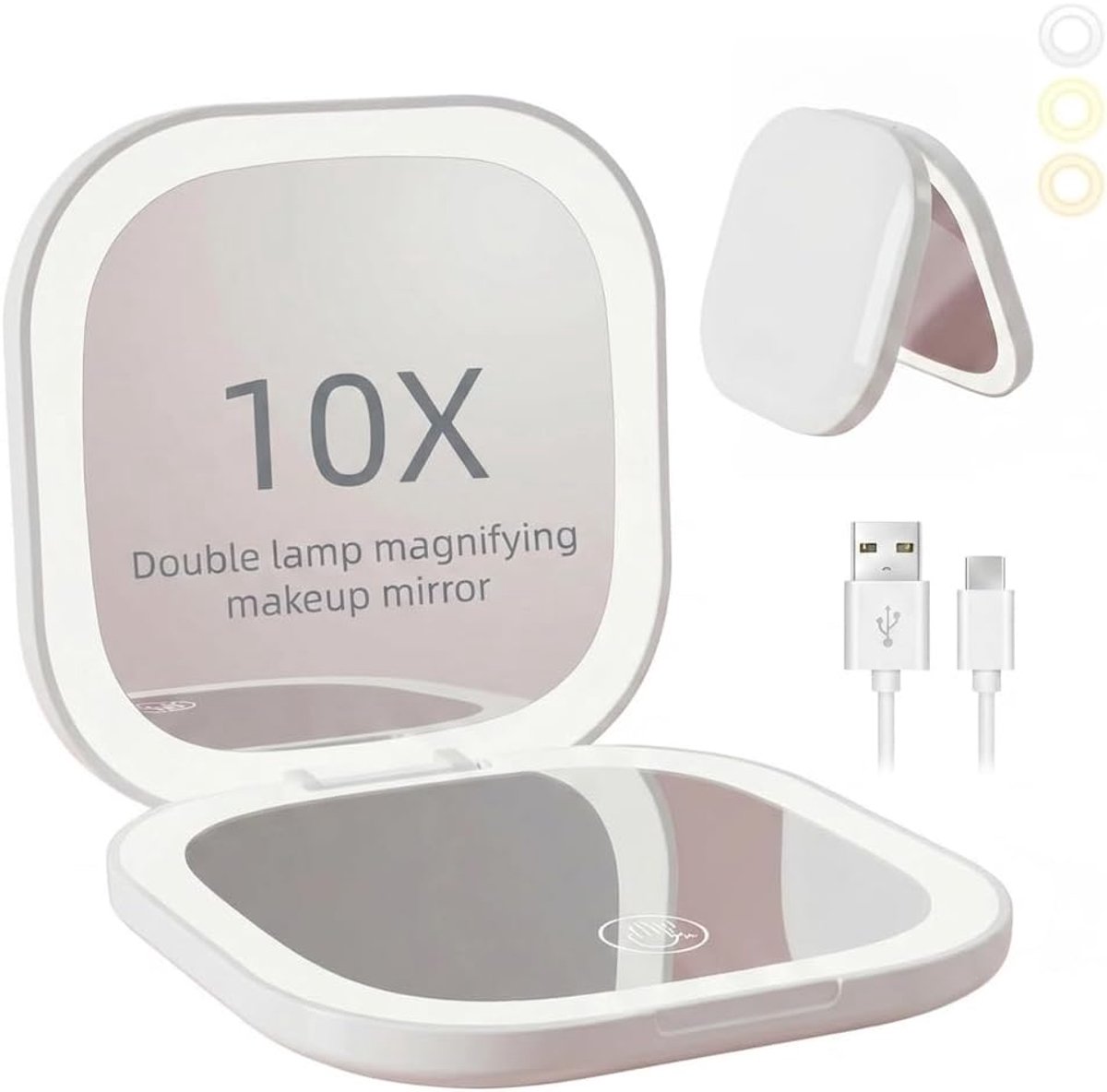 Make-upspiegel - Opvouwbare Reisspiegel met LED Verlichting - Dubbelzijdig 1X/10X Vergroting - Draagbare Handspiegel voor Reizen - USB Oplaadbaar - Witte Kleur - 1 Stuk