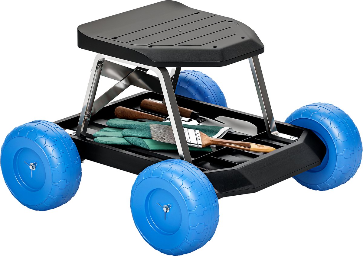Tuinbank op wieltjes – draagvermogen 130 kg – met opbergbak – zitkar – voor tuinwerk – 50 x 49 x 32 cm – blauw