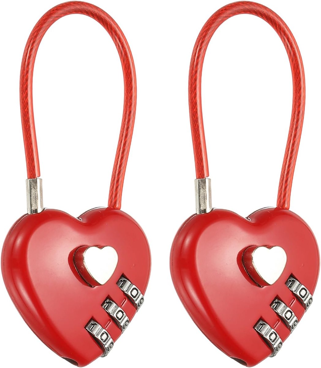 Set van 2 stuks hartvormig 3-cijferig combinatieslot met flexibele rode staalkabel, liefdesslot voor koffer, locker, dagboek en slotbrug, rood