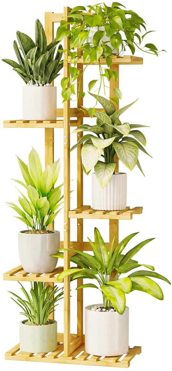 Famanu – Plantenstandaard voor binnen, 5-laags bamboe hoekplanken voor meerdere planten, kleine getrapte bloemenstandaard voor raamtuin, balkon en huisdecoratie