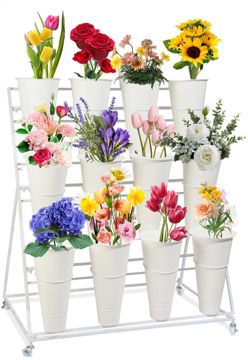 Famanu – Bloemendisplaystandaard met emmers, 3 lagen en 12 emmers, mobiele plantenstandaard met wielen, voor binnen en buiten, geschikt voor patio, tuin en woonkamer