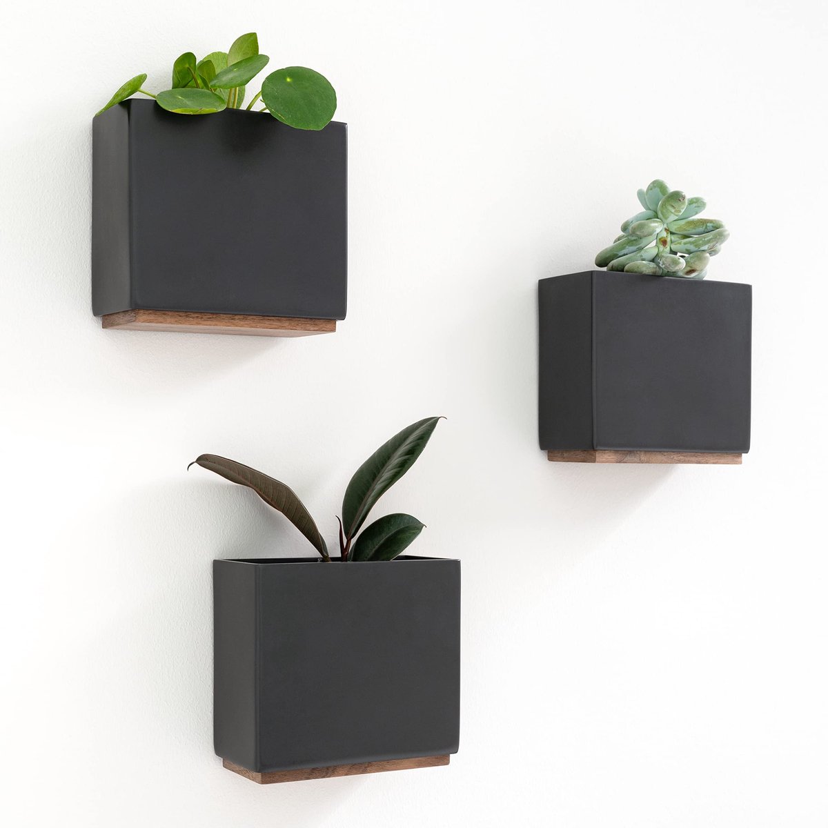 Famanu – Muurplanters set van 3 moderne hangende plantenpotten van hars, ideaal voor kamerplanten en kunstplanten in zwart, perfect voor het toevoegen van een eigentijdse uitstraling aan je interieur