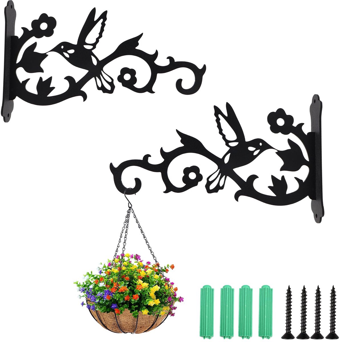 Famanu – Set van 2 plantenhouders voor aan de muur, ijzeren bloemenhanger met bloemen- en vogelsnijwerk, 20 x 13 cm, ideaal voor decoratie van bloempotten