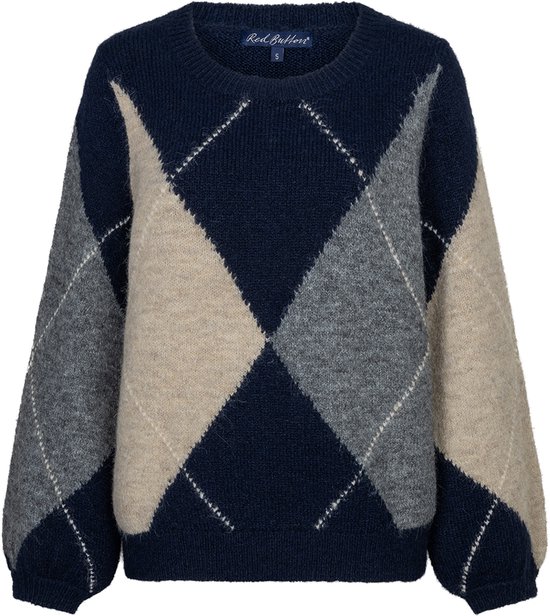 Donkerblauwe trui met op de voorkant, zijkanten en mouwen een ruitenpatroon in beige, grijs en wit.