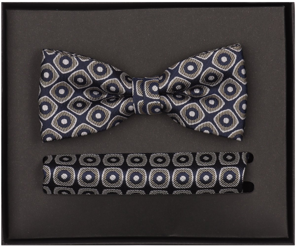 VENTI set met vlinderdas en pochet - donkerblauw - beige - wit dessin