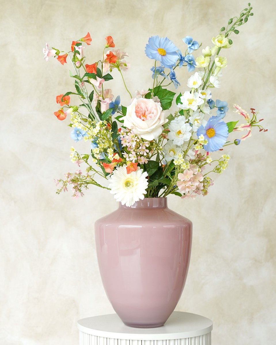 Fan of Flowers Mari - Kunstbloemen Veldboeket - Zachte Pastelkleuren Blauw Roze - 90 cm - Real-Touch Zijden boeket