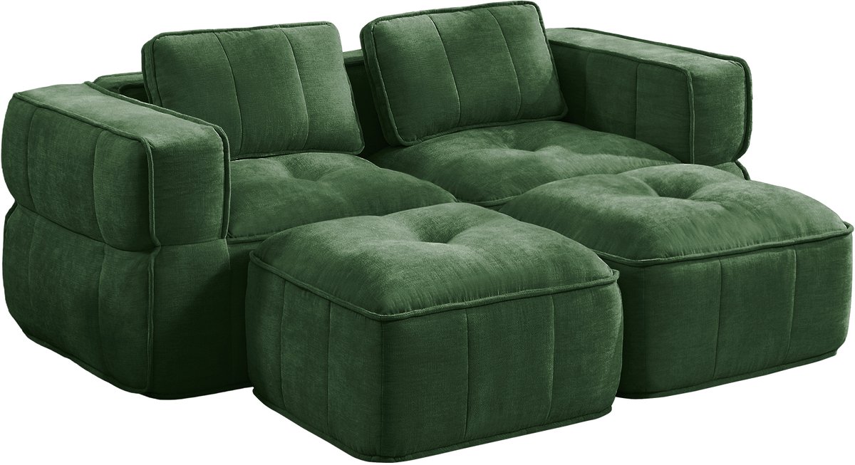 HAUSS SPOLE Zitbank - Modulaire 2-Zits Set Met 2 Hockers - Diepe Zit Met 32D Schuim - Voor Woonkamer En Appartement - Polyester Groen