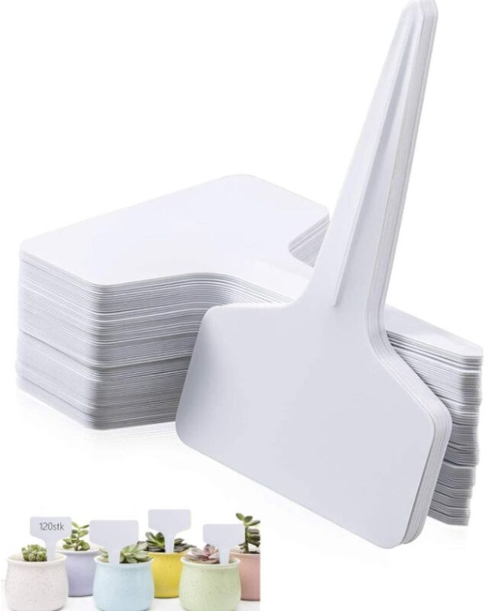 50 plantenetiketten, zaailingetiketten, 50 T-vormige moestuinetiketten (6 x 10 cm), waterdicht, herbruikbaar - geschikt voor potten en plantenaccessoires. (50 witte etiketten)