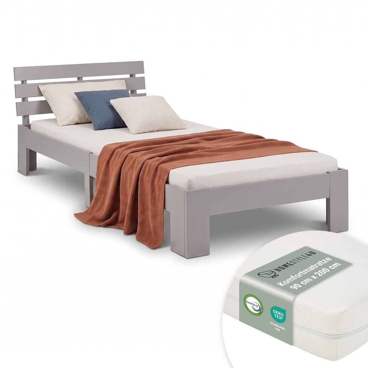 Homestyle4u Eenpersoonsbed - 90x200 cm - Houten bed - met matras en lattenbodem - Grijs