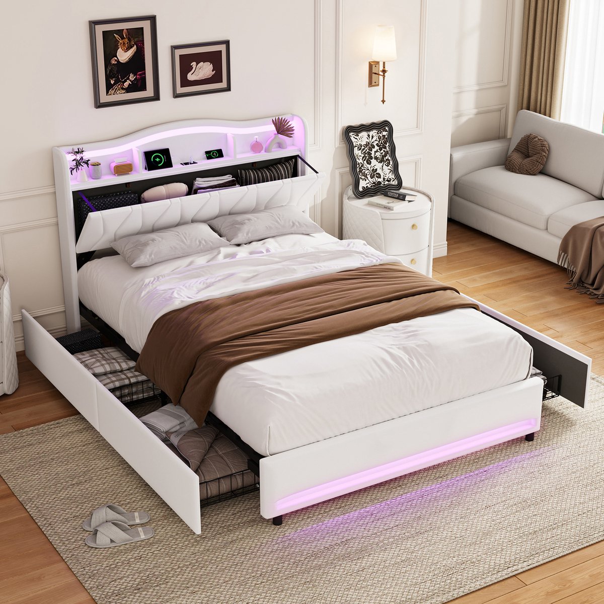 Opbergbed 140x200 cm met opbergruimte, Tweepersoonsbed met ledverlichting, USB-poort en 4 lades, Gestoffeerd bedframe 140x200, fluweel Beige