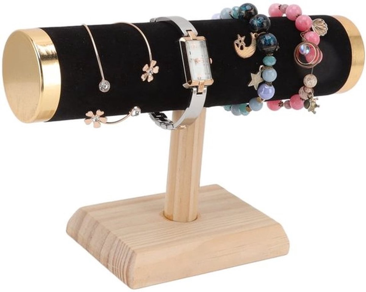 Sieradenstandaard T-bar - Armbandhouder - Sieradenrek - Sieradenorganizer - Houten houder - Kunstleer bescherming - Sieradenhouder