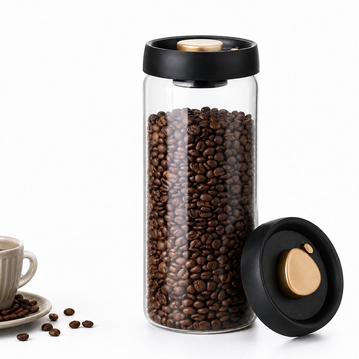 Vacuüm Voorraadpotten 1.8l- Luchtdichte Koffieblik - Glas Koffiekan - Grote Diameter - Verdikt - Voor Koffiebonen, Thee, Noten, Droge - Zwart