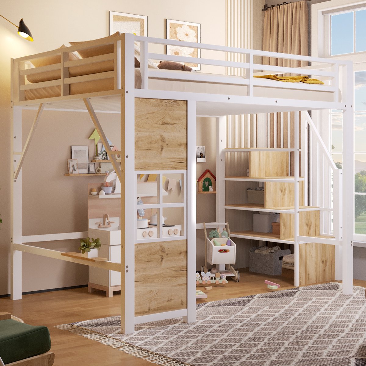 Hoogslaper 140x200 cm - Met Opbergruimte - Met Ladder - Met Valbeveiliging - Wit