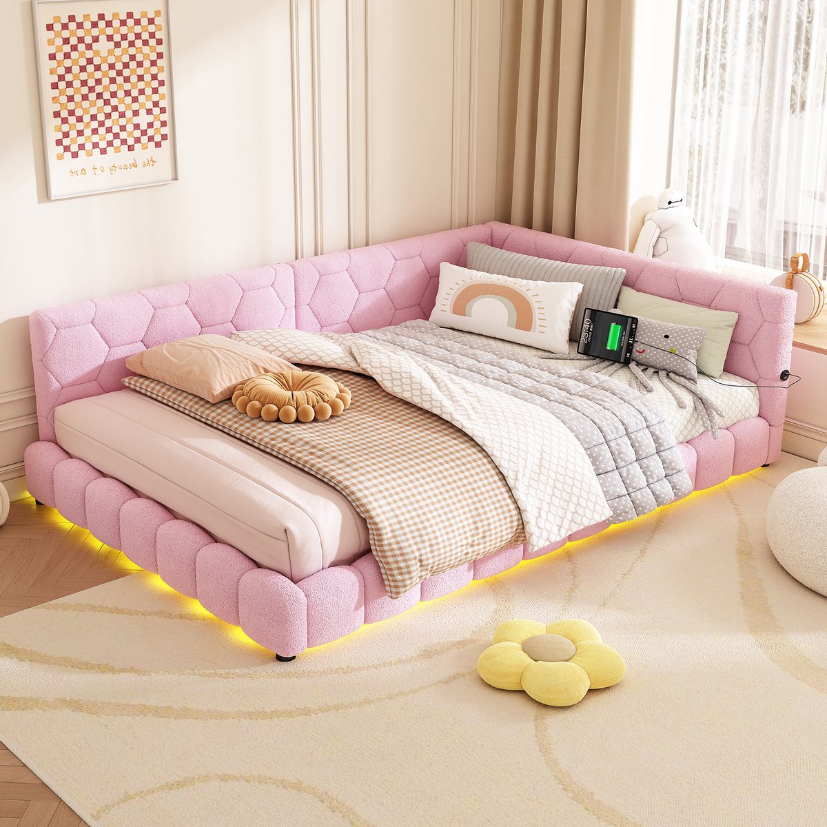 Dagbed 140x200 cm - Met LED-Verlichting - Met USB-Oplaadpunt - Incl. Lattenbodem - Roze