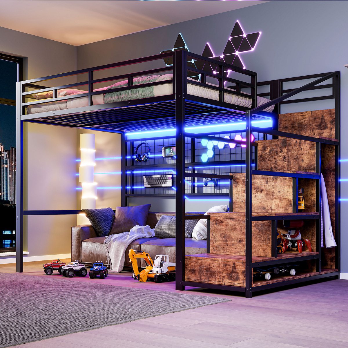 Hoogslaper 140x200 cm - Met LED-Verlichting - Met Opbergruimte - Met Ladder - Zwart