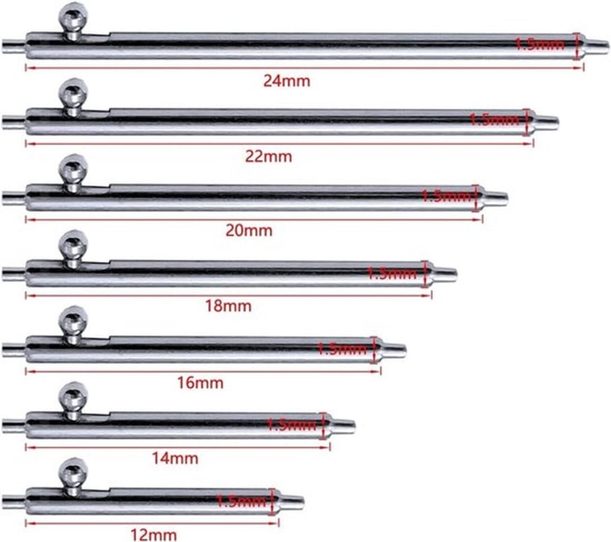 Horloge Lugs 70 Stuks - Snelsluiting Veer Staven - Roestvrij Staal - Verwijder Tool - 7 Lengtes 12/14/16/18/20/22/24mm - Diameter 1.5mm - Horlogeveerstangen