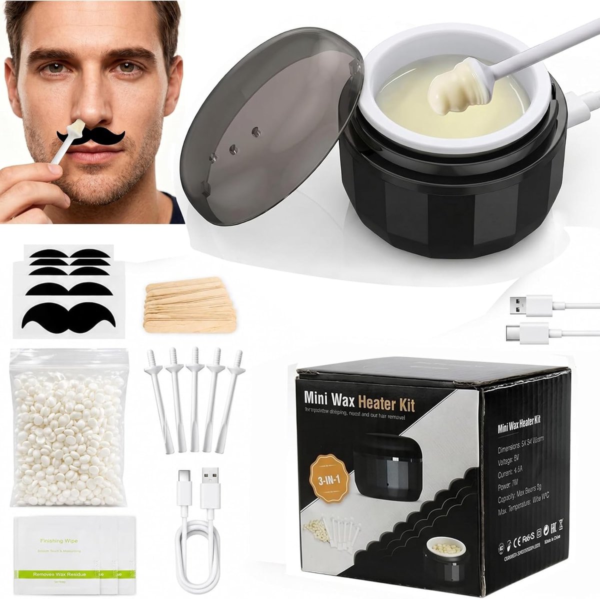 Neushaarverwijderingsset - Wit - Compacte Mini-Waxset met USB-snelverwarming - Voor Mannen en Vrouwen
