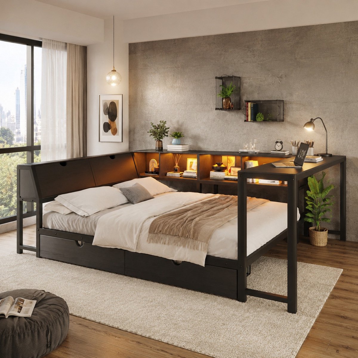 DESMIU Metalen Bed 140x200cm – Multifunctioneel Bed Met Bureau En Opbergruimte – Ledverlichting En Lades – Jeugd En Slaapkamer – Zwart – Zonder Matras