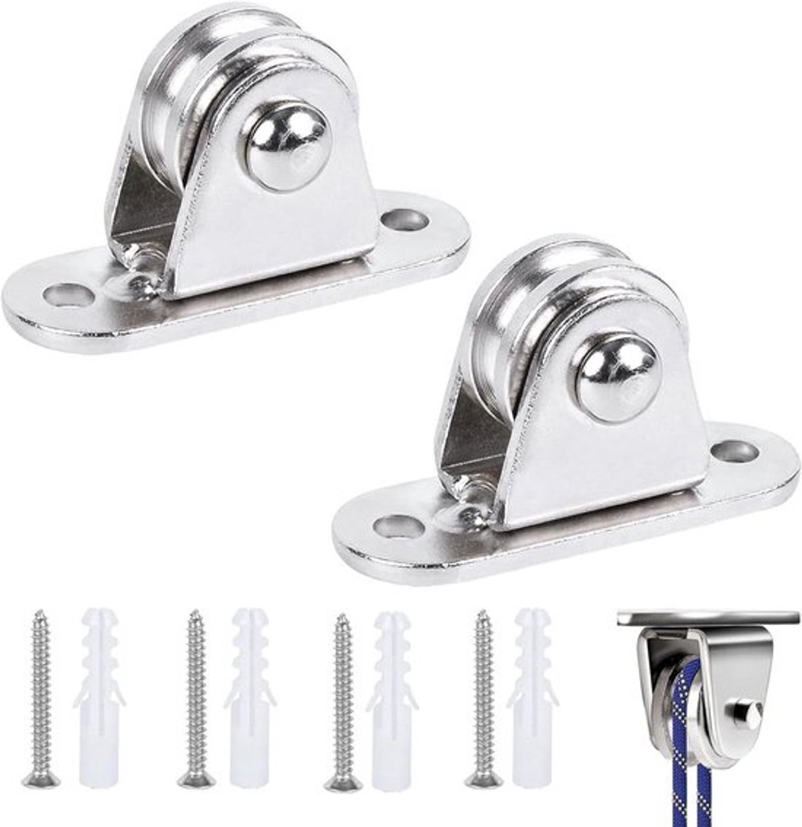 Dubbele Lagerring Katrollen, Touwondersteuningsblok met 4 Schroeven en 4 Plastic Bushings, Ideaal voor Tuin en Klussen, 2 Stuks Set