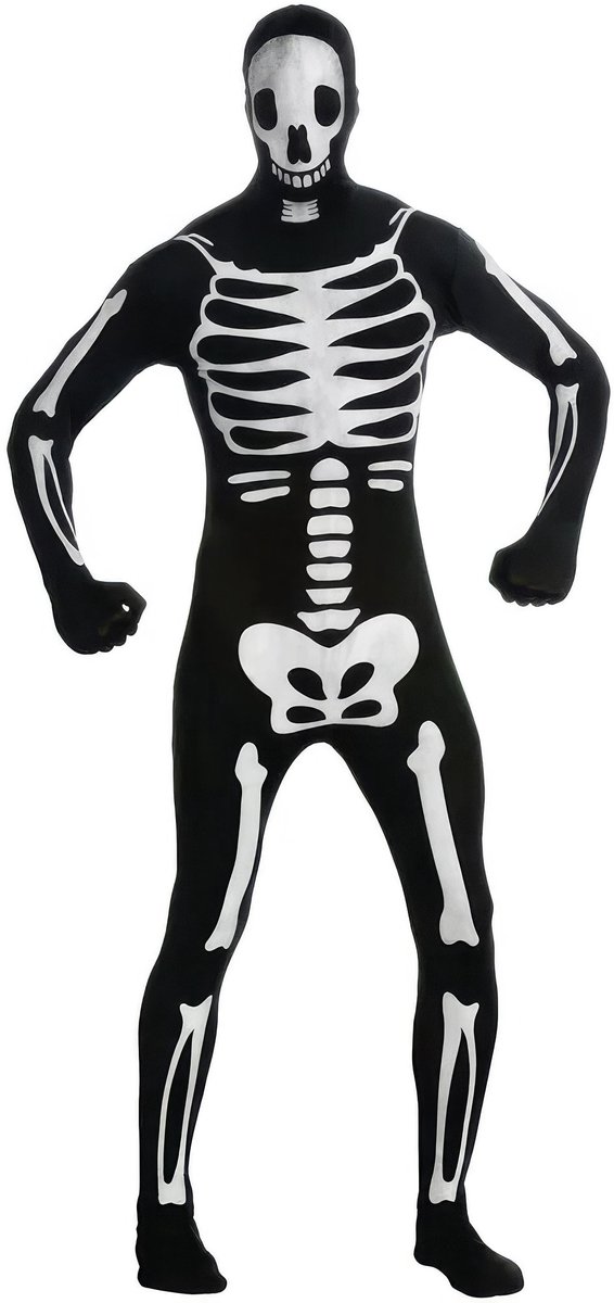 Rubies - Spook & Skelet Kostuum - Second Skin Grijnzend Botten Skelet Morphsuit - Man - zwart - Maat 44-46 - Halloween - Verkleedkleding