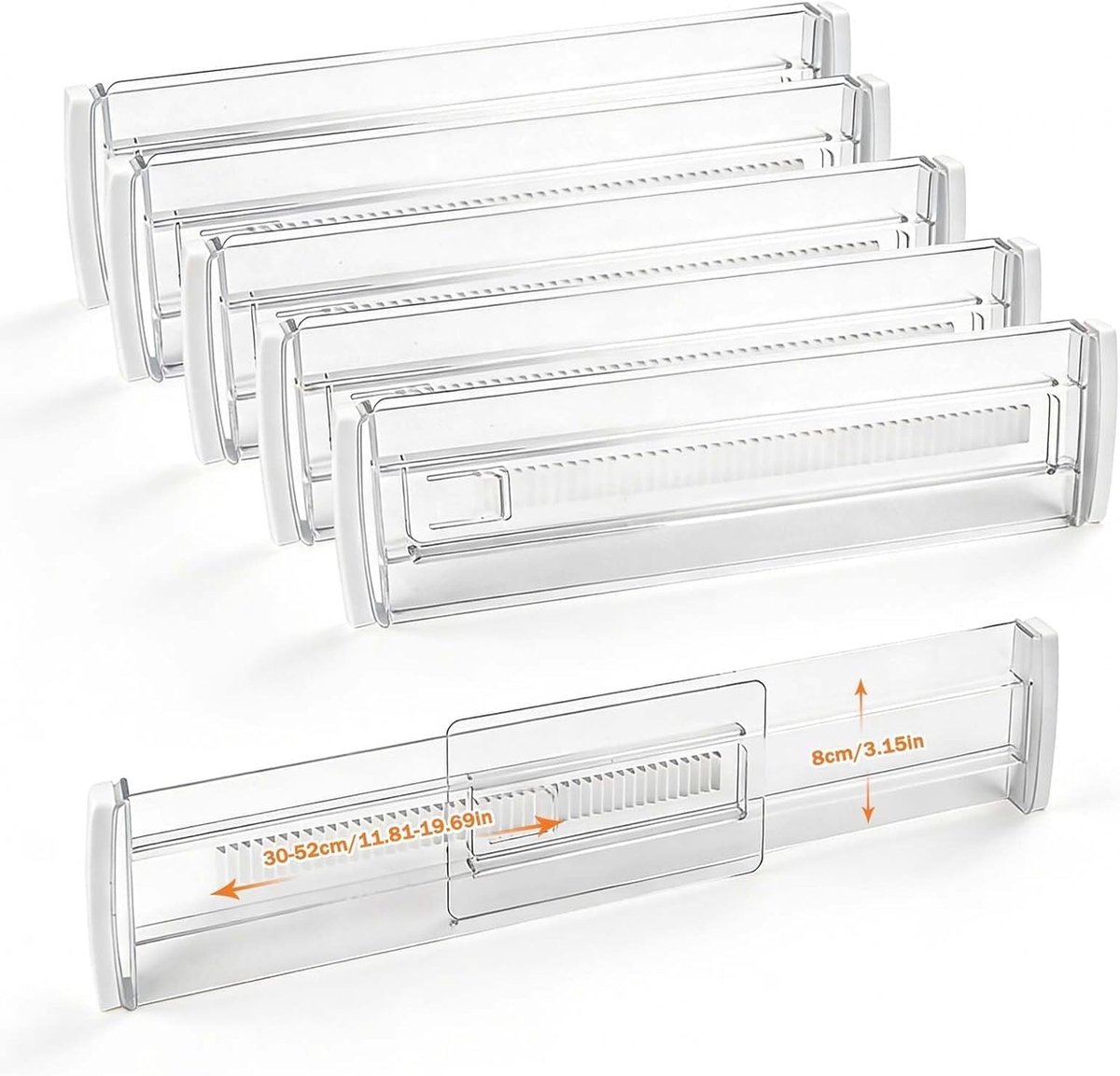 Ryoudavell - 6 stuks ladeverdelers - 30-52 cm - verstelbare lade-organizer - Kastverdelers - Kunststof - Uitschuifbaar - Lade Bakjes - Opbergsysteem - Met Veermechanisme - transparante lade-organizer - ladeverdelers voor keuken, commodes, badkamer