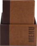 Bruine menubox met 'MENU' erop. Twee menukaarten in bruin met donkerbruine, reptielenhuid-textuur randen.