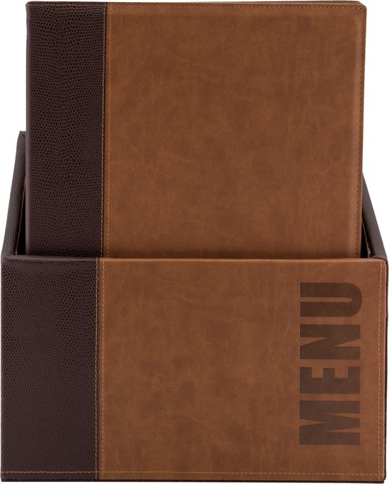 Bruine menubox met 'MENU' erop. Twee menukaarten in bruin met donkerbruine, reptielenhuid-textuur randen.