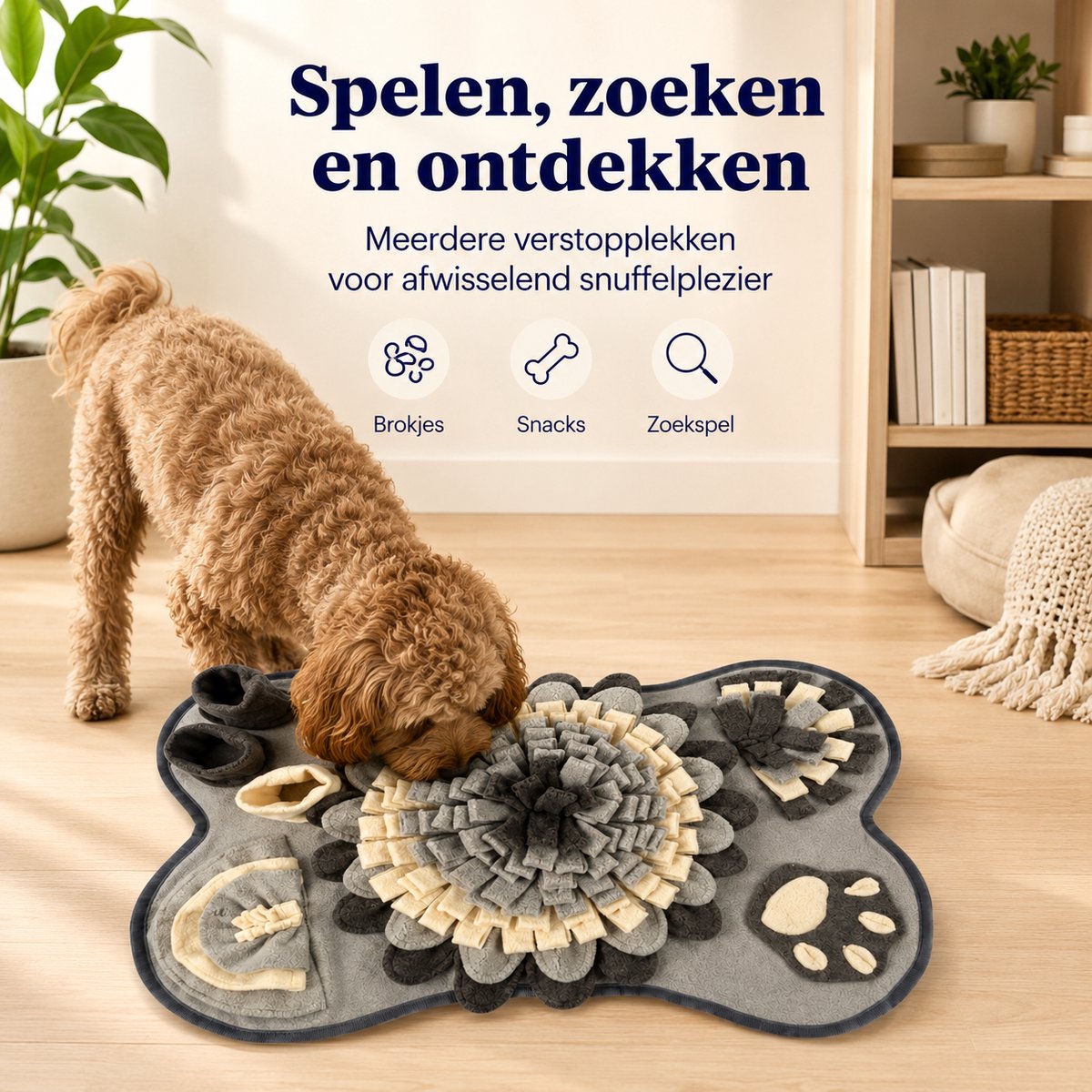Snuffelmat Hond - Hondenpuzzel & Zoekmat - Slowfeeder voor Brokjes en Snacks - Hondenspeelgoed met Meerdere Verstopplekken - Grote Snuffelbloem - 64 x 43 cm - Grijs thumbnail 5